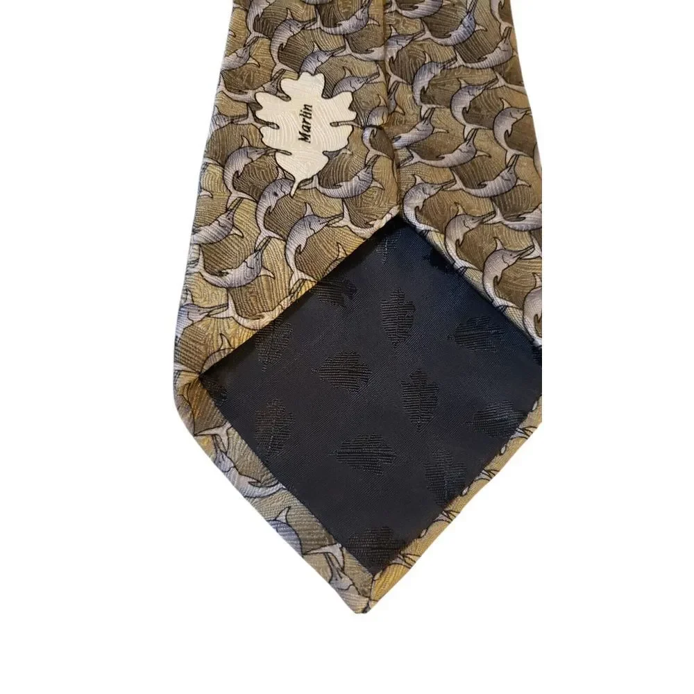 The Nature Conservancy 'Marlin'‎ Neck Tie Mens Tan Blue Dolphins 100% Silk Work